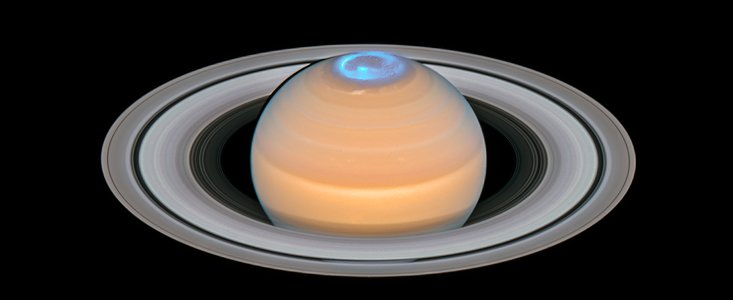 Saturn and its northern auroras (composite image)